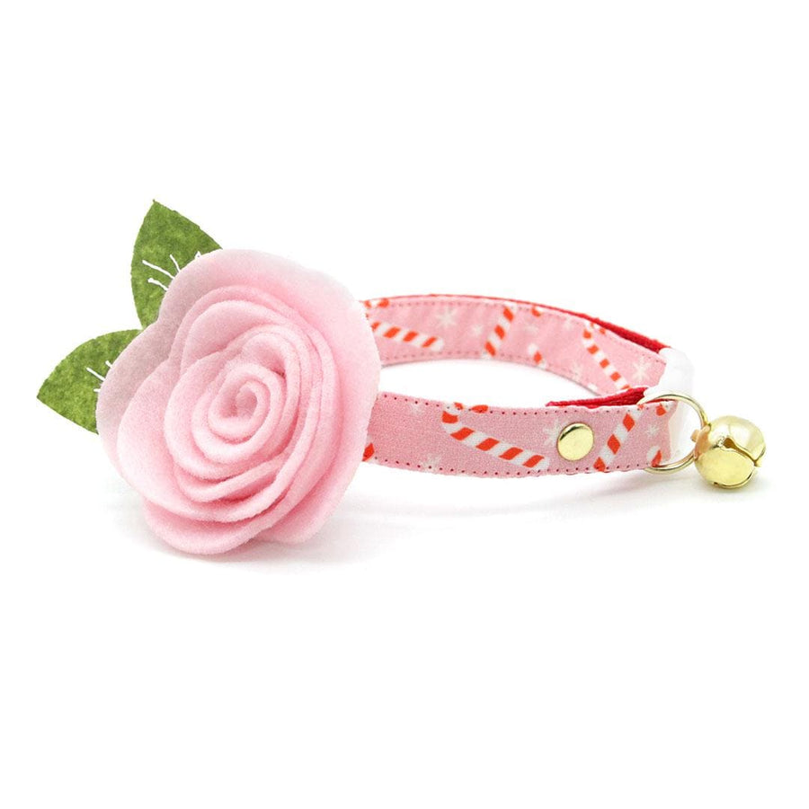 Cat Collar + Flower Set - "Candy Christmas" - Pink Candy Cane Cat Collar w/ Baby Pink Felt Flower (Detachable) / Cat, Kitten + Small Dog Sizes