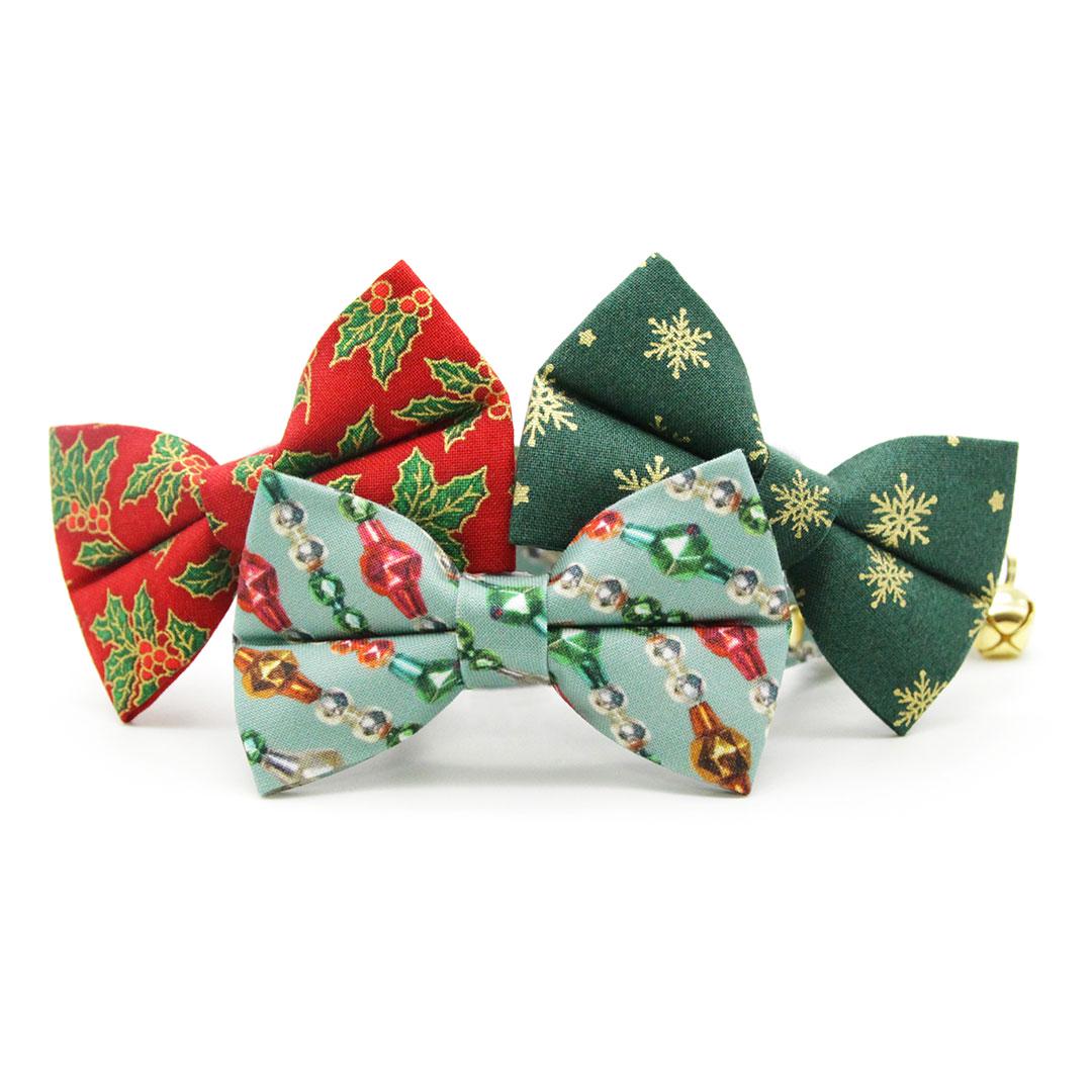 Holiday Cat Bow Tie - "Juniper" - Christmas Green & Gold Snowflake Bow Tie for Cat / Winter Snow / Cat + Small Dog Bowtie