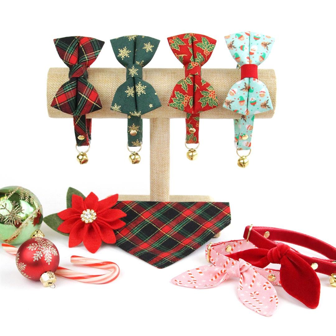 Cat Collar & Bunny Ear Bow Set - "Juniper" - Green & Gold Snowflake Cat Collar w/ Matching Bunny Bow Tie / Christmas, Holiday / Cat, Kitten + Small Dog Sizes