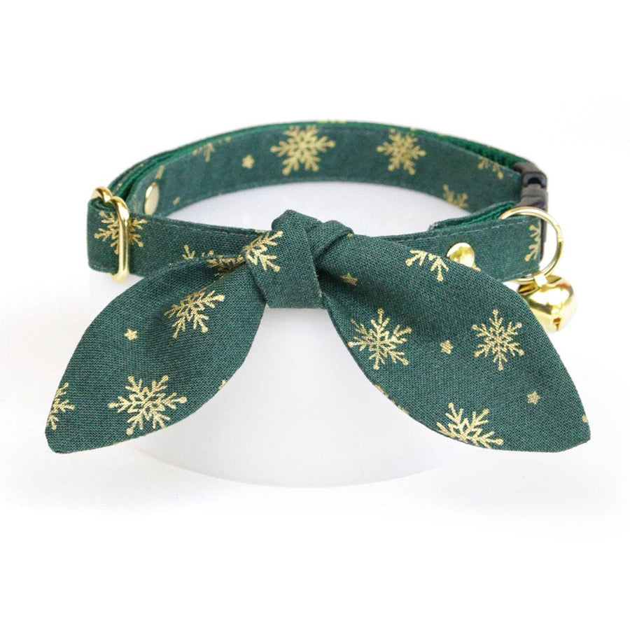 Cat Collar & Bunny Ear Bow Set - "Juniper" - Green & Gold Snowflake Cat Collar w/ Matching Bunny Bow Tie / Christmas, Holiday / Cat, Kitten + Small Dog Sizes