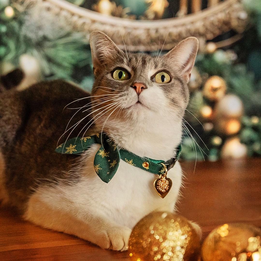 Cat Collar & Bunny Ear Bow Set - "Juniper" - Green & Gold Snowflake Cat Collar w/ Matching Bunny Bow Tie / Christmas, Holiday / Cat, Kitten + Small Dog Sizes
