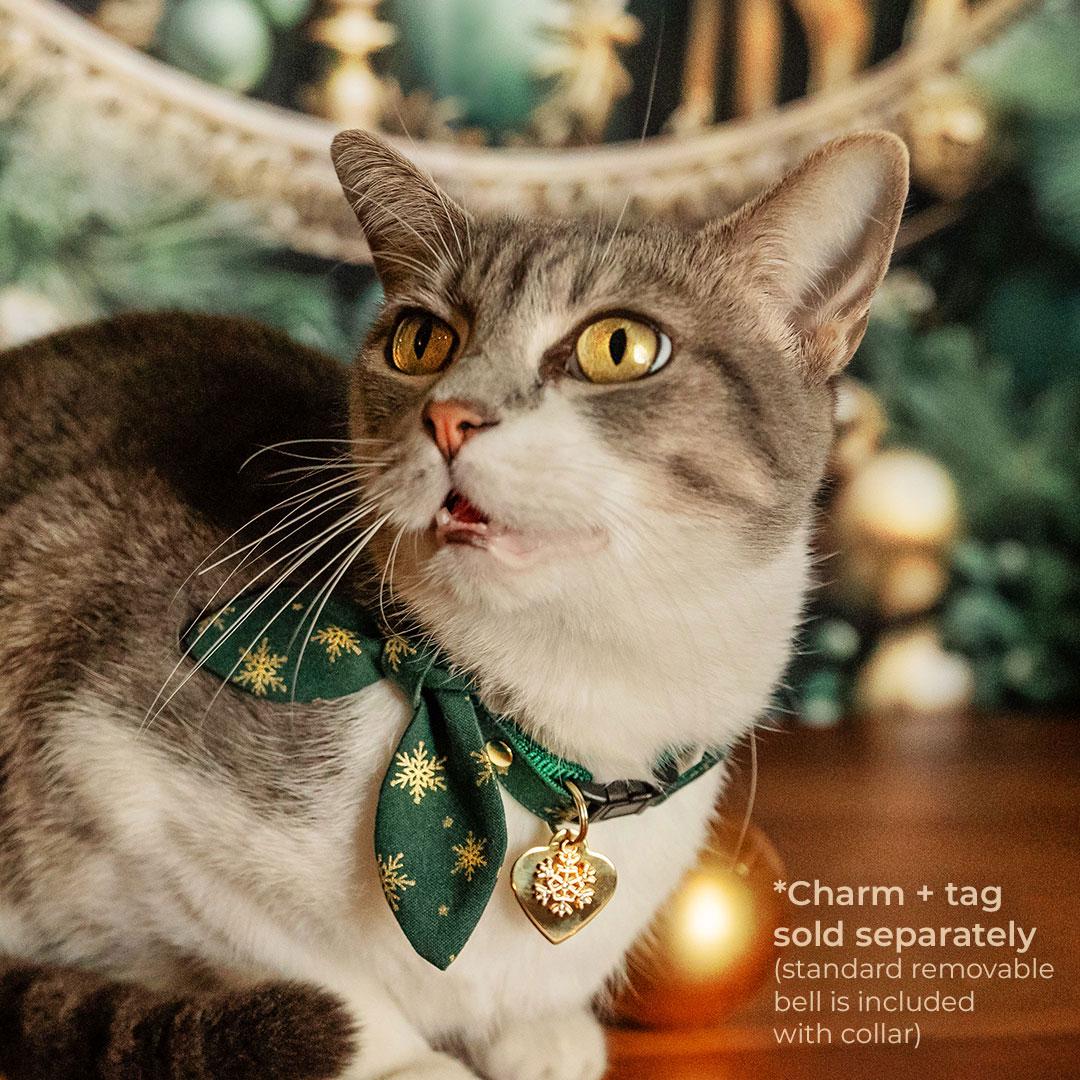 Cat Collar & Bunny Ear Bow Set - "Juniper" - Green & Gold Snowflake Cat Collar w/ Matching Bunny Bow Tie / Christmas, Holiday / Cat, Kitten + Small Dog Sizes