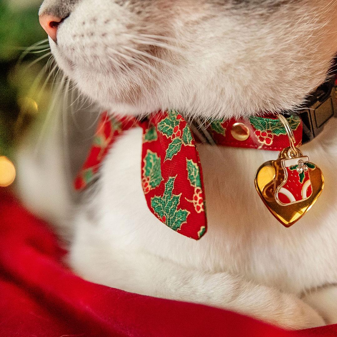 Cat Collar & Bunny Ear Bow Set - "Crimson Berry" - Red Holly Cat Collar w/ Matching Bunny Bow Tie / Christmas, Holiday / Cat, Kitten + Small Dog Sizes