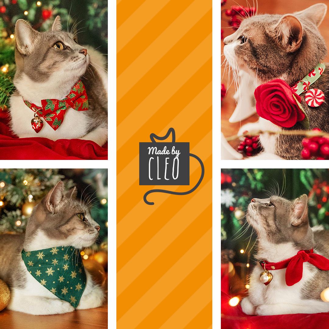 Cat Collar + Flower Set - "Candy Christmas" - Pink Candy Cane Cat Collar w/ Scarlet Red Felt Flower (Detachable) / Cat, Kitten + Small Dog Sizes