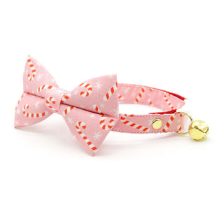 Bow Tie Cat Collar Set - "Candy Christmas" - Pink Holiday Candy Cane Cat Collar with Bow Tie / Cat, Kitten, Small Dog Sizes - Kitten (6-10) / Breakaway / Gold