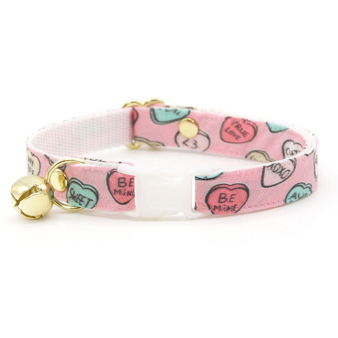 Cat Collar & Bunny Ear Bow Set - "Conversation Hearts - Pink" - Valentine's Day Candy Hearts Cat Collar w/ Matching Bunny Bow Tie / Tie-On Scarf / Cat, Kitten + Small Dog Sizes