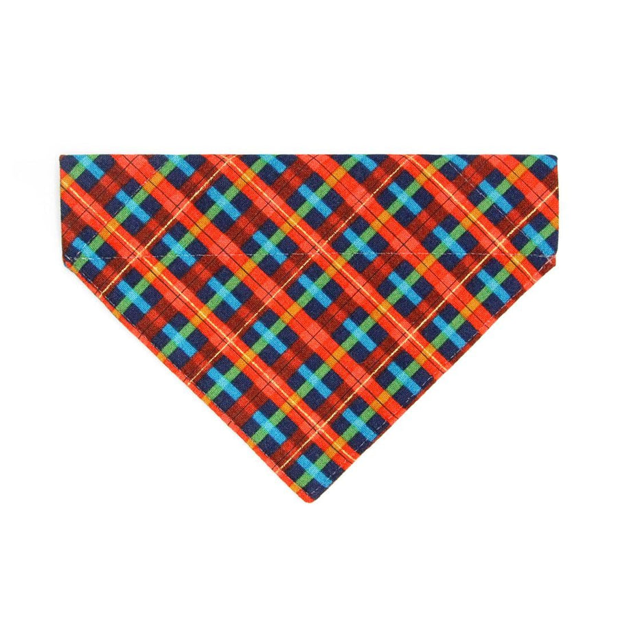 Cat Bandana - "Bonfire Blaze" - Red, Blue & Green Plaid Bandana for Cat + Small Dog / Winter + Fall / Slide-On Over the Collar Bandana