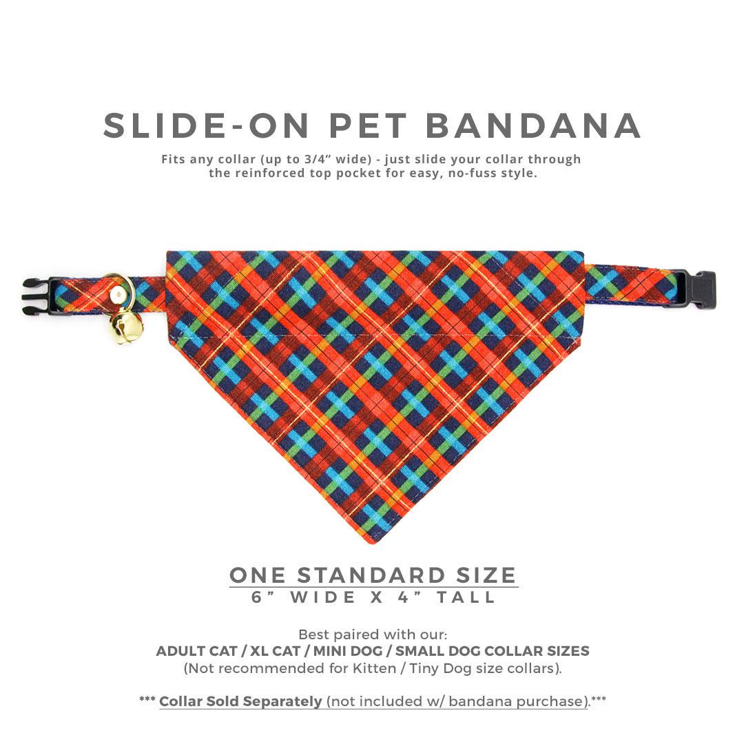 Cat Bandana - "Bonfire Blaze" - Red, Blue & Green Plaid Bandana for Cat + Small Dog / Winter + Fall / Slide-On Over the Collar Bandana