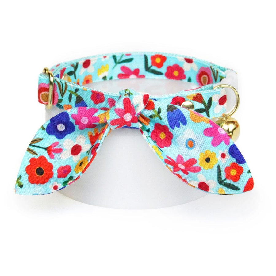 Cat Collar & Bunny Ear Bow Set - "Morning Song" - Mint Robin's Egg Blue Floral Cat Collar w/ Matching Bunny Bow Tie / Tie-On Scarf / Cat, Kitten + Small Dog Sizes
