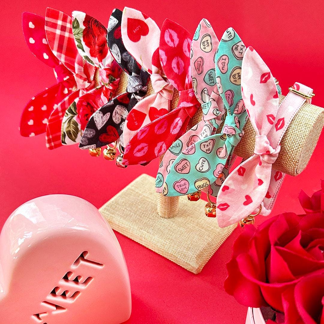 Cat Collar & Bunny Ear Bow Set - "Lovestruck" - Valentine's Day Heart Cat Collar w/ Matching Bunny Bow Tie / Tie-On Scarf / Cat, Kitten + Small Dog Sizes
