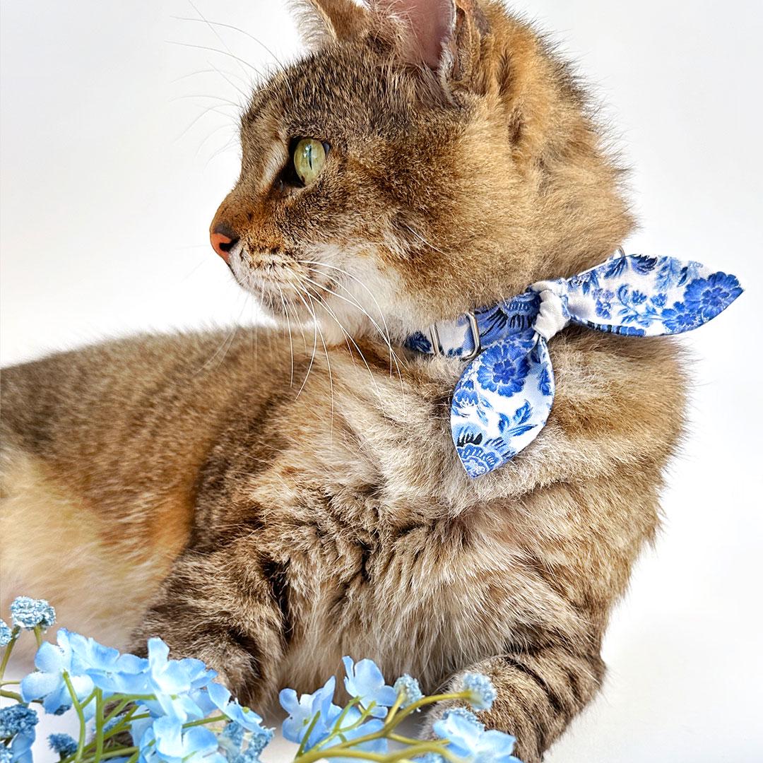Cat Collar & Bunny Ear Bow Set - "Porcelain Paisley" - Blue Floral Cat Collar w/ Matching Bunny Bow Tie / Tie-On Scarf / Cat, Kitten + Small Dog Sizes