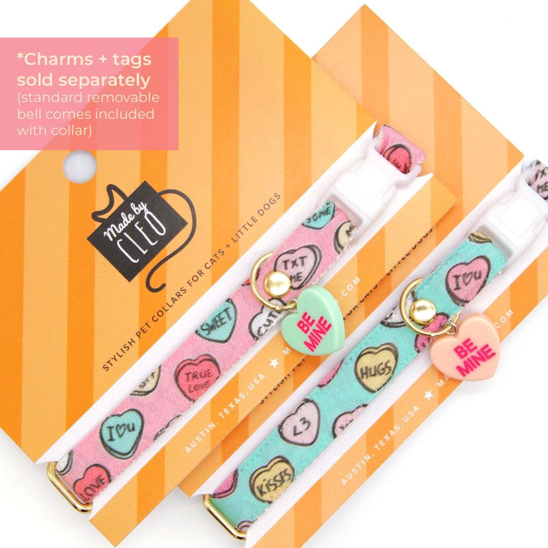 Cat Collar & Bunny Ear Bow Set - "Conversation Hearts - Pink" - Valentine's Day Candy Hearts Cat Collar w/ Matching Bunny Bow Tie / Tie-On Scarf / Cat, Kitten + Small Dog Sizes