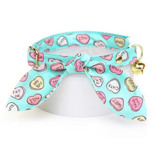 Cat Collar & Bunny Ear Bow Set - "Conversation Hearts - Mint" - Valentine's Day Candy Hearts Cat Collar w/ Matching Bunny Bow Tie / Tie-On Scarf / Cat, Kitten + Small Dog Sizes - Kitten (6-10) / Breakaway / Gold