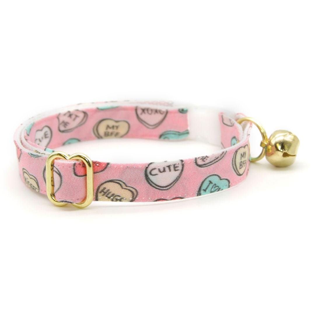 Cat Collar & Bunny Ear Bow Set - "Conversation Hearts - Pink" - Valentine's Day Candy Hearts Cat Collar w/ Matching Bunny Bow Tie / Tie-On Scarf / Cat, Kitten + Small Dog Sizes