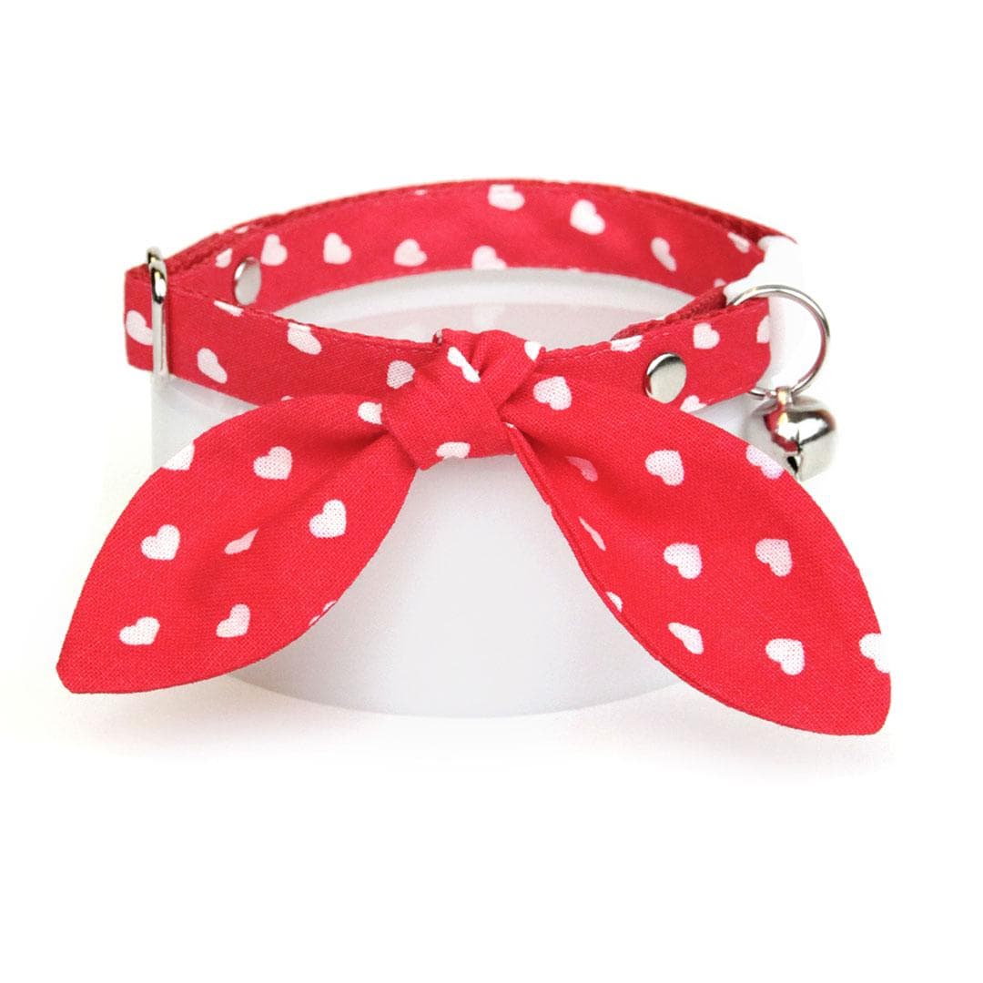 Cat Collar & Bunny Ear Bow Set - "Love Song" - Valentine's Day Red Heart Cat Collar w/ Matching Bunny Bow Tie / Tie-On Scarf / Cat, Kitten + Small Dog Sizes