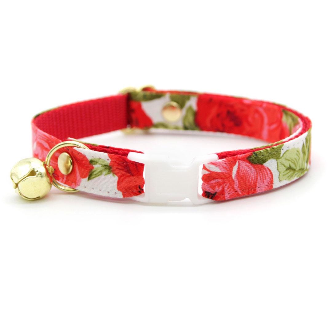 Cat Collar & Bunny Ear Bow Set - "Roses" - Red Floral Rose Cat Collar w/ Matching Bunny Bow Tie / Tie-On Scarf / Cat, Kitten + Small Dog Sizes