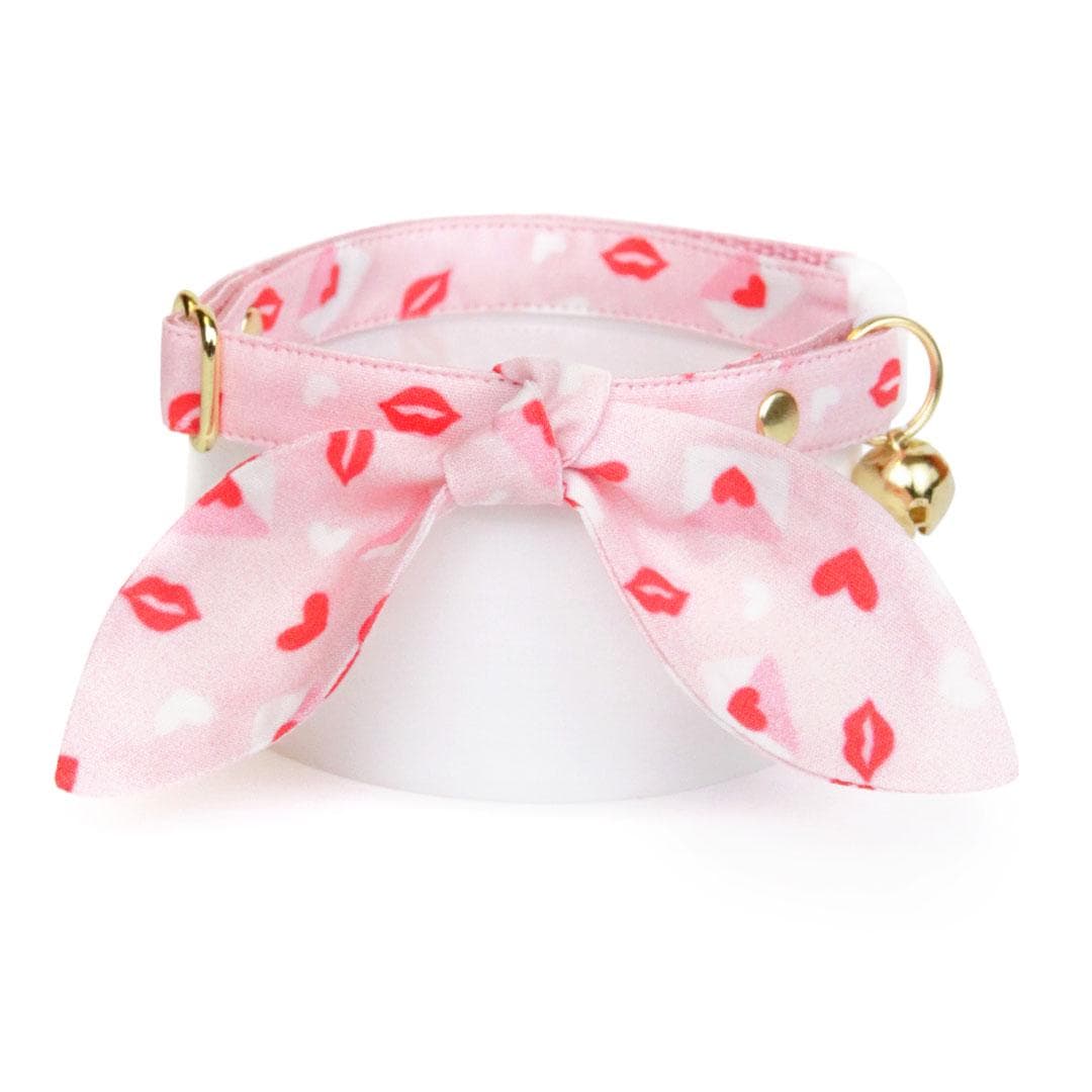 Cat Collar & Bunny Ear Bow Set - "Sealed With A Kiss" - Pink Kisses & Heart Mail Valentine's Day Cat Collar w/ Matching Bunny Bow Tie / Tie-On Scarf / Cat, Kitten + Small Dog Sizes