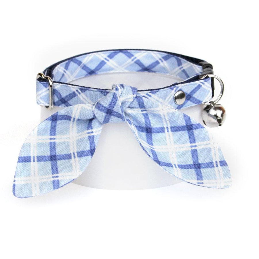 Cat Collar & Bunny Ear Bow Set - "Skye" - Blue Plaid Cat Collar w/ Matching Bunny Bow Tie / Tie-On Scarf / Cat, Kitten + Small Dog Sizes