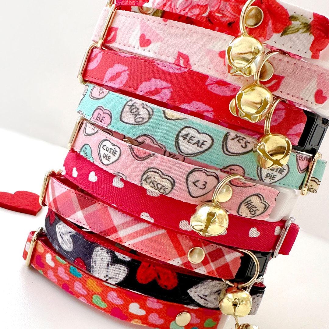 Cat Collar & Bunny Ear Bow Set - "Conversation Hearts - Pink" - Valentine's Day Candy Hearts Cat Collar w/ Matching Bunny Bow Tie / Tie-On Scarf / Cat, Kitten + Small Dog Sizes