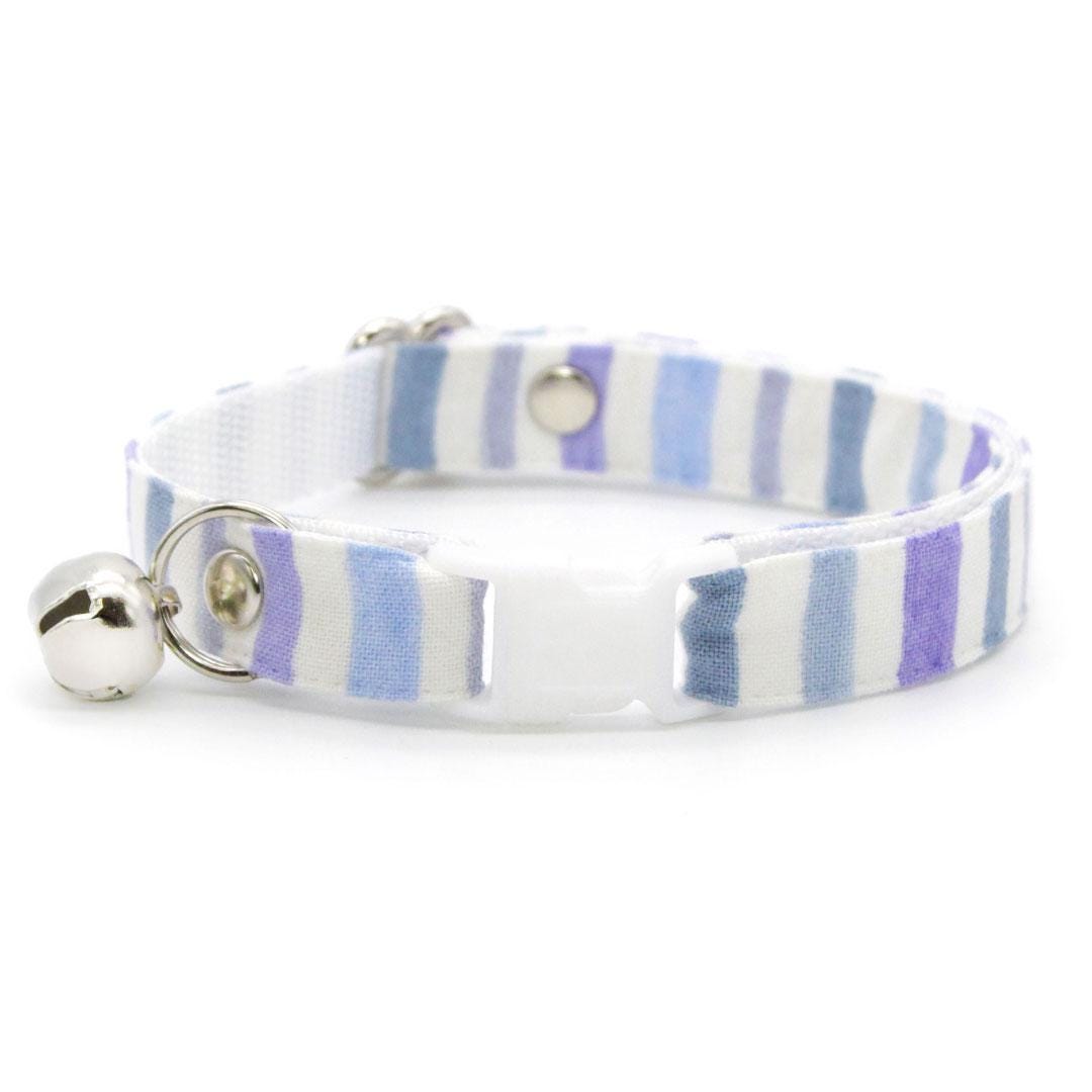 Cat Collar & Bunny Ear Bow Set - "Indigo Sky" - Striped Cat Collar w/ Matching Bunny Bow Tie / Spring, Easter, Derby, Nautical / Tie-On Scarf / Cat, Kitten + Small Dog Sizes