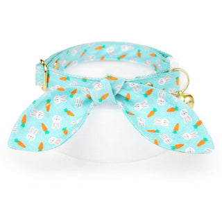 Cat Collar & Bunny Ear Bow Set - "Bunnies & Carrots Blue" - Easter Bunny Cat Collar w/ Matching Bunny Bow Tie / Tie-On Scarf / Cat, Kitten + Small Dog Sizes - Kitten (6-10) / Breakaway / Gold