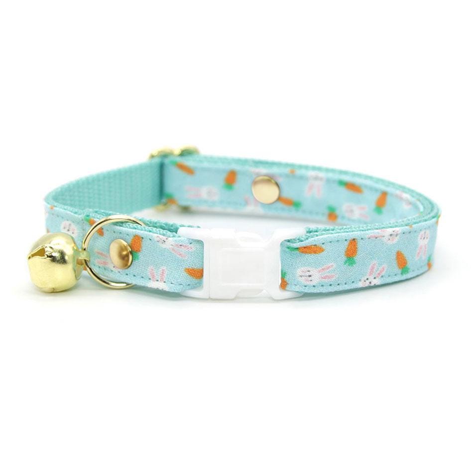 Cat Collar & Bunny Ear Bow Set - "Bunnies & Carrots Blue" - Easter Bunny Cat Collar w/ Matching Bunny Bow Tie / Tie-On Scarf / Cat, Kitten + Small Dog Sizes