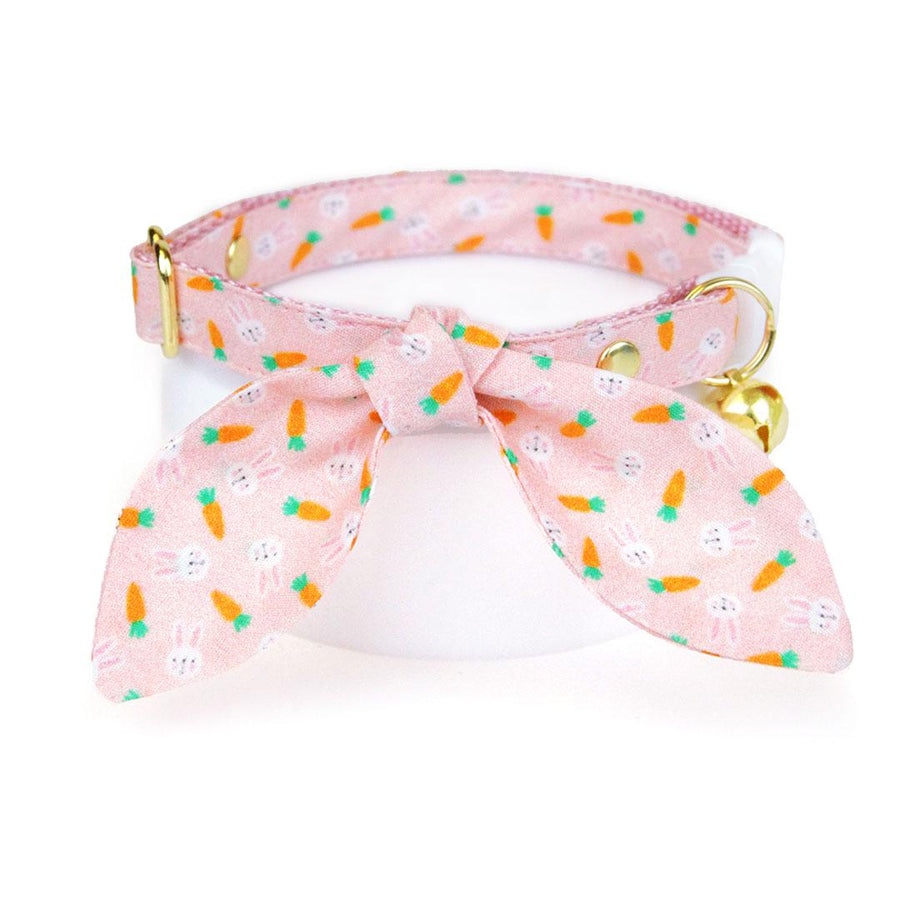 Cat Collar & Bunny Ear Bow Set - "Bunnies & Carrots Pink" -  Easter Bunny Rabbit Cat Collar w/ Matching Bunny Bow Tie / Tie-On Scarf / Cat, Kitten + Small Dog Sizes