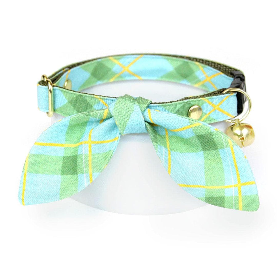 Cat Collar & Bunny Ear Bow Set - "Carmel" - Mint Plaid Cat Collar w/ Matching Bunny Bow Tie / Easter / Tie-On Scarf / Cat, Kitten + Small Dog Sizes