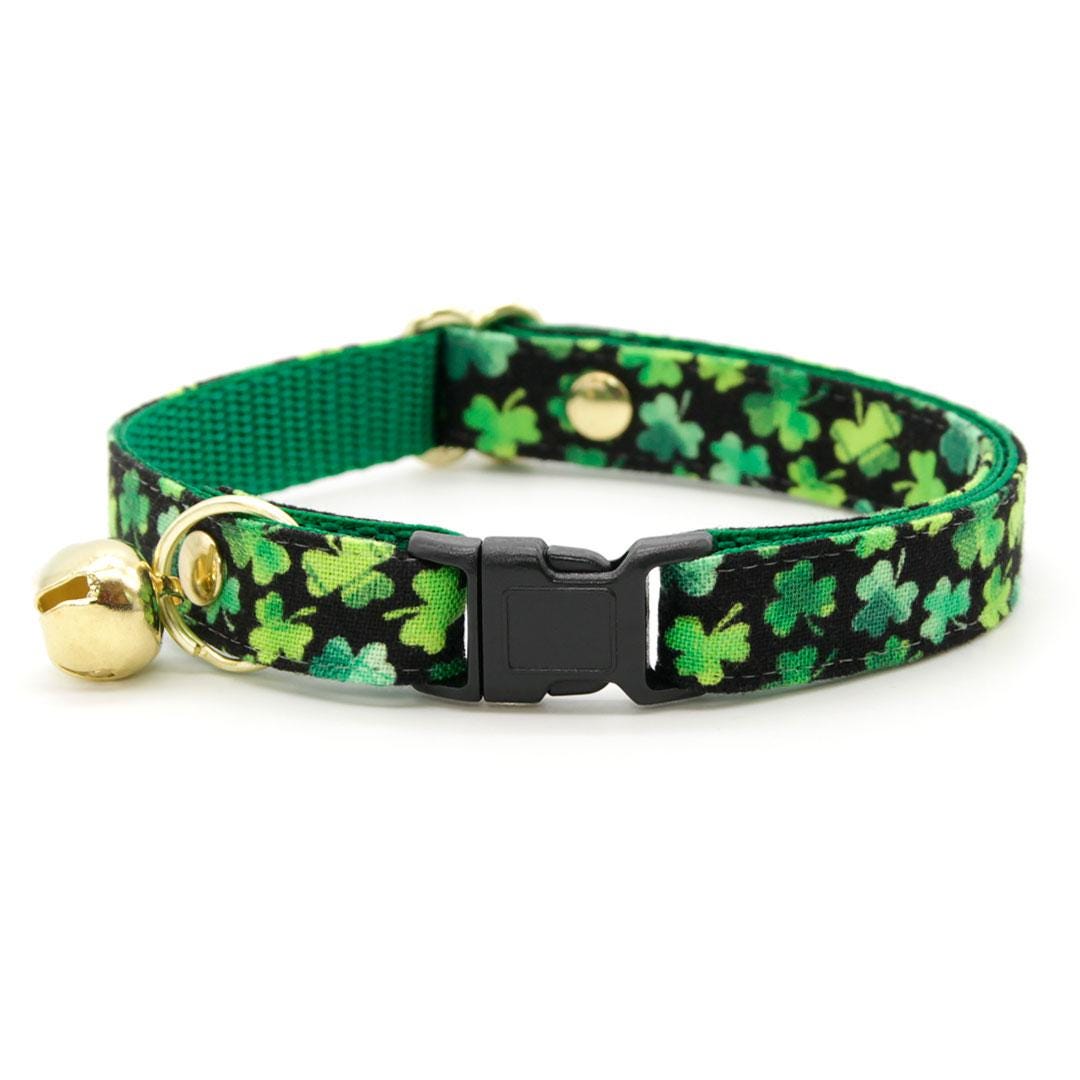 Cat Collar & Bunny Ear Bow Set - "Lucky Charmer" - Black & Green Shamrock Cat Collar w/ Matching Bunny Bow Tie / St. Patrick's Day / Tie-On Scarf / Cat, Kitten + Small Dog Sizes