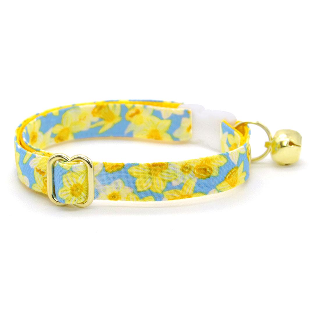 Cat Collar + Flower Set - "Daffodils" - Yellow Spring Floral Cat Collar w/ Sky Blue Felt Flower (Detachable) / Cat, Kitten + Small Dog Sizes
