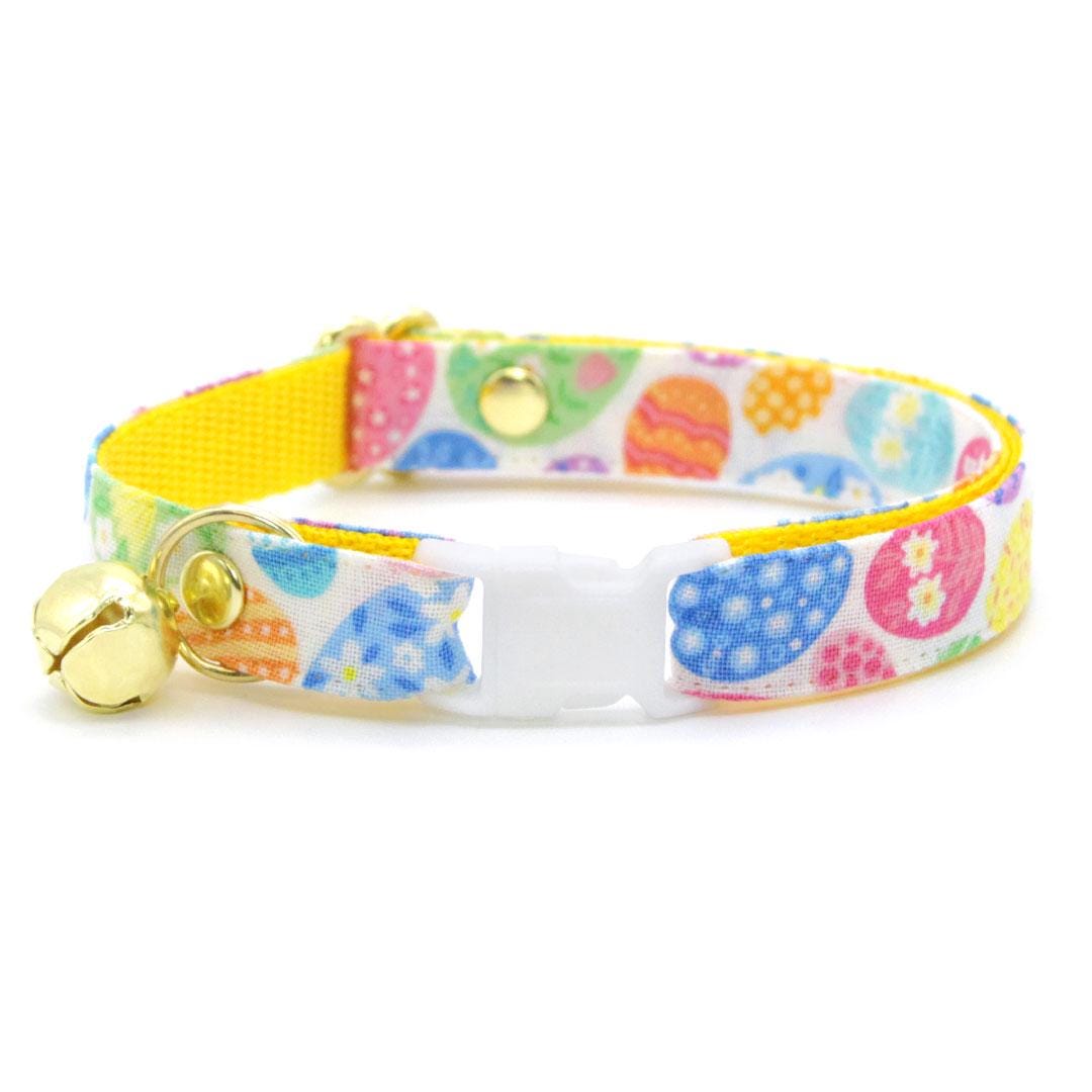 Cat Collar + Flower Set - "Egg Hunt" - Easter Egg Cat Collar w/ Baby Pink Felt Flower (Detachable) / Cat, Kitten + Small Dog Sizes