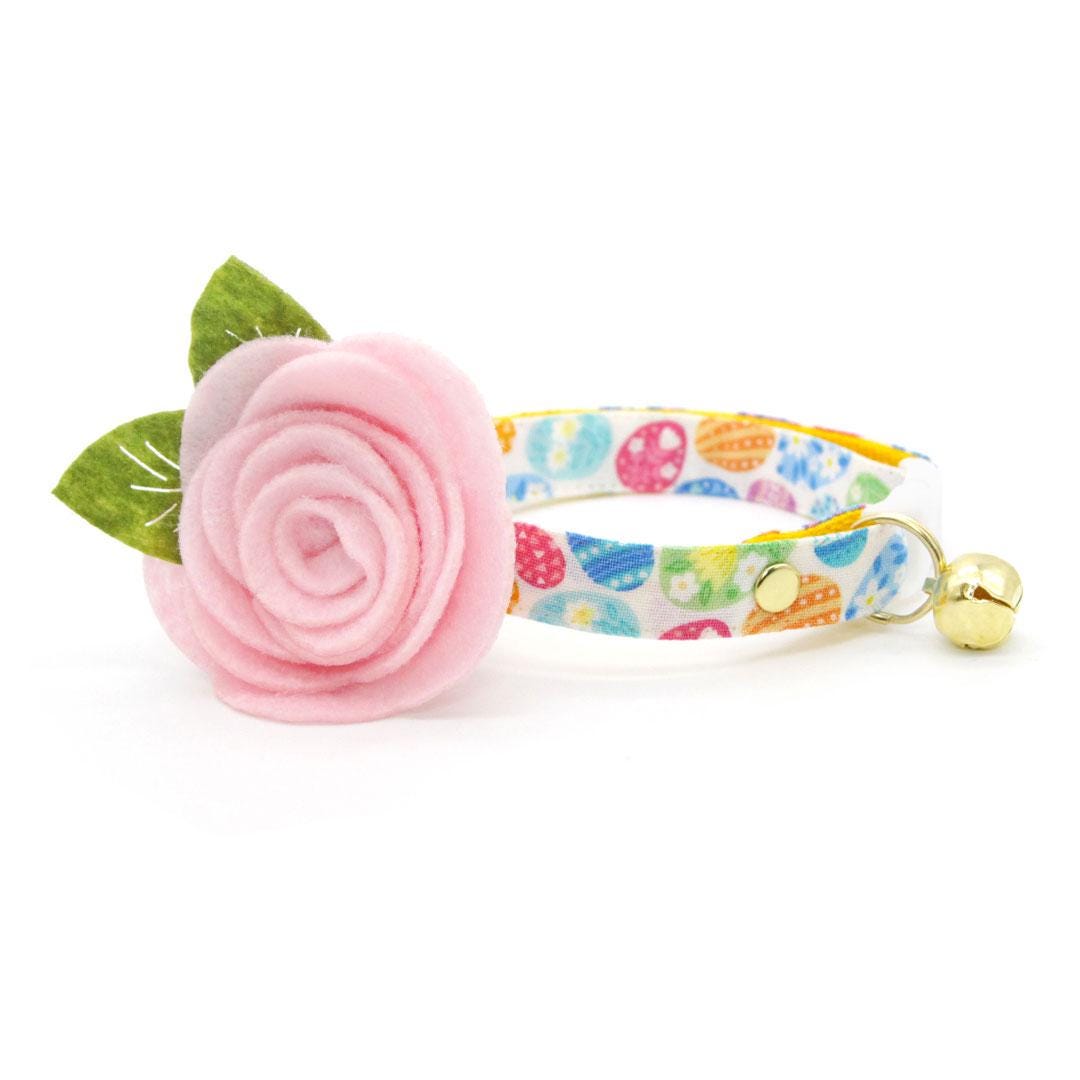 Cat Collar + Flower Set - "Egg Hunt" - Easter Egg Cat Collar w/ Baby Pink Felt Flower (Detachable) / Cat, Kitten + Small Dog Sizes