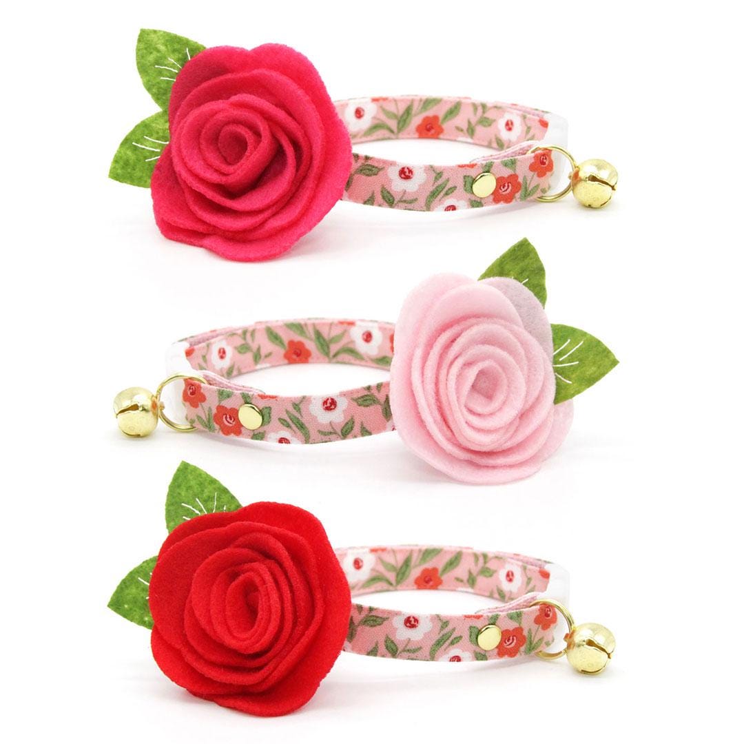 Cat Collar - "Posies" - Pink Floral Cat Collar / Spring, Easter, Valentine's Day / Breakaway Buckle or Non-Breakaway / Cat, Kitten + Small Dog Sizes