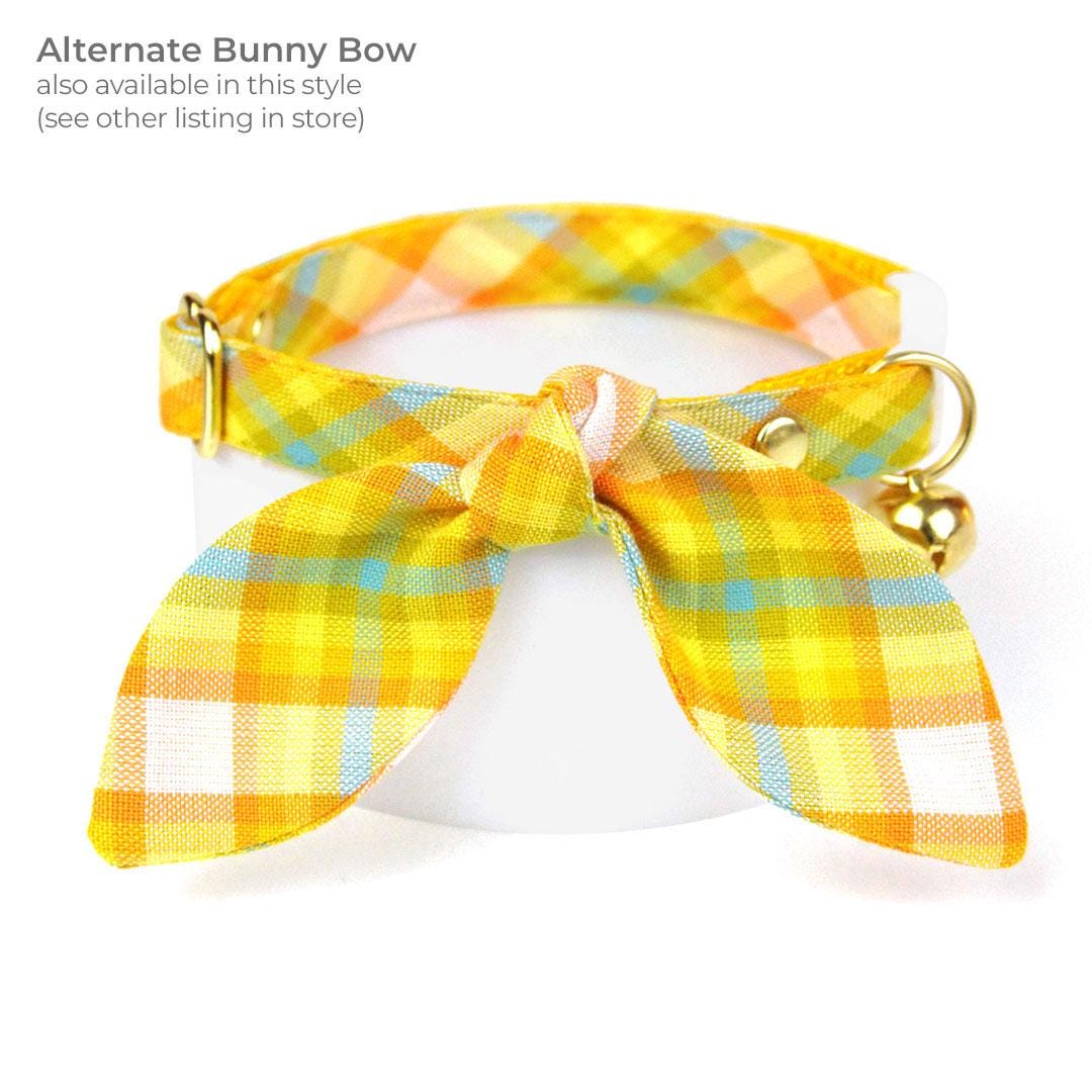 Cat Collar + Flower Set - "Sunny Day" - Yellow Plaid Cat Collar w/ Sky Blue Felt Flower (Detachable) / Cat, Kitten + Small Dog Sizes
