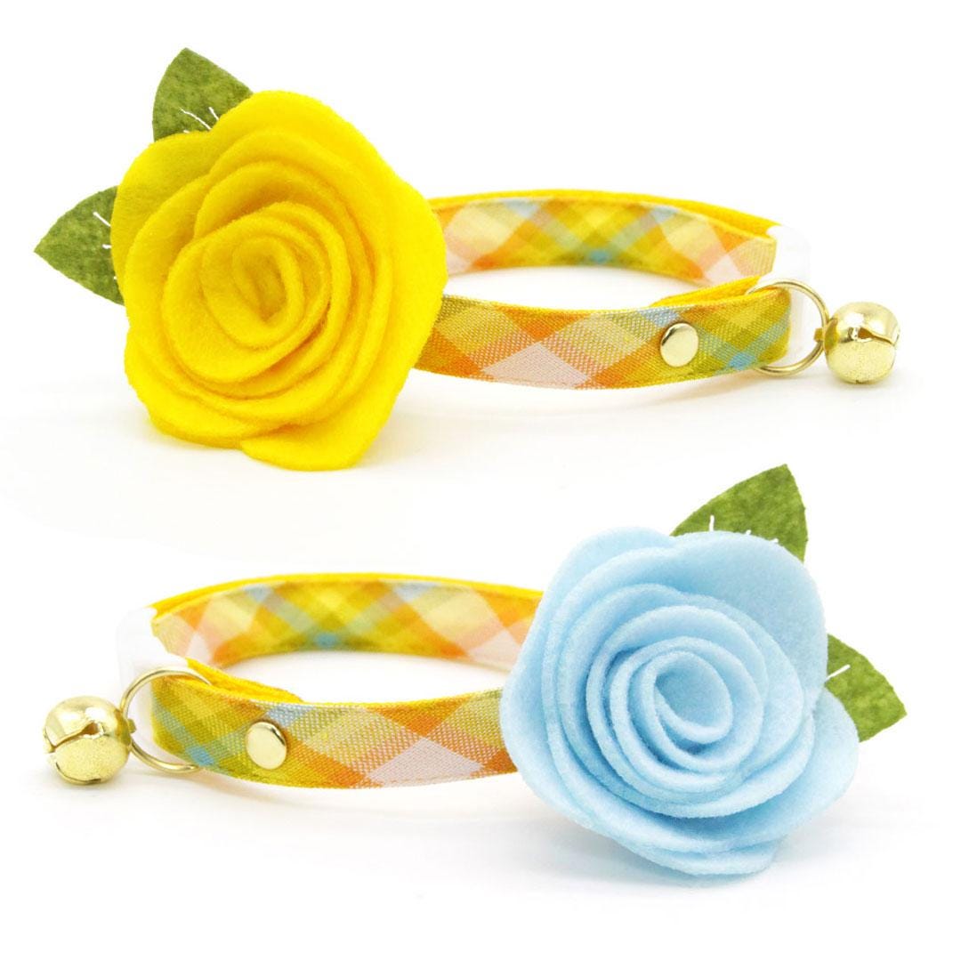 Cat Collar - "Sunny Day" - Yellow Plaid Cat Collar / Spring, Summer, Easter / Breakaway or Non-Breakaway / Easter, Summer / Cat, Kitten + Small Dog Sizes