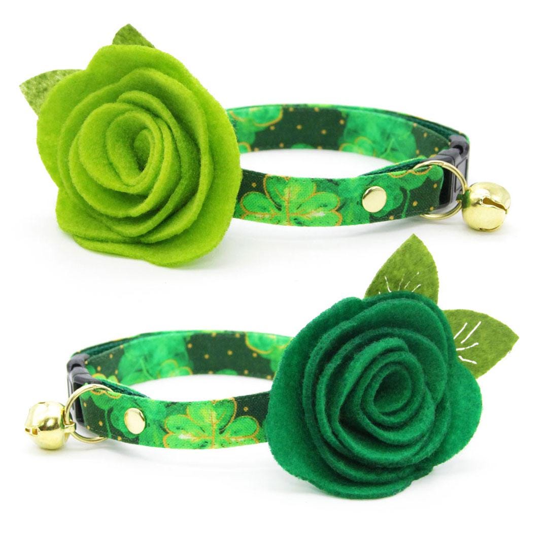 Cat Collar - "Irish Garden" - St. Patrick's Day Green Shamrock Cat Collar / Breakaway or Non-Breakaway / Lucky Clover / Cat + Small Dog