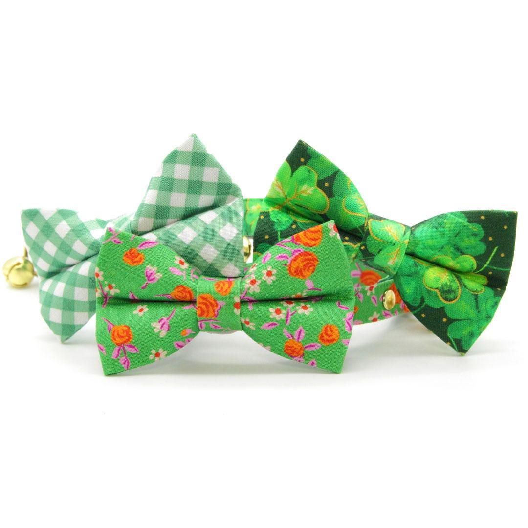 Cat Collar & Bunny Ear Bow Set - "Derby" - Green Plaid Gingham Cat Collar w/ Matching Bunny Bow Tie / St. Patrick's Day, Spring, Easter, Wedding / Tie-On Scarf / Cat, Kitten + Small Dog Sizes