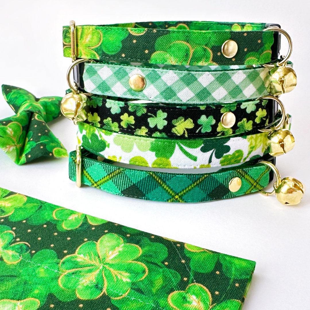 Cat Collar & Bunny Ear Bow Set - "Shamrock Spirit" - Green & White Clover Cat Collar w/ Matching Bunny Bow Tie / St. Patrick's Day, Irish / Tie-On Scarf / Cat, Kitten + Small Dog Sizes