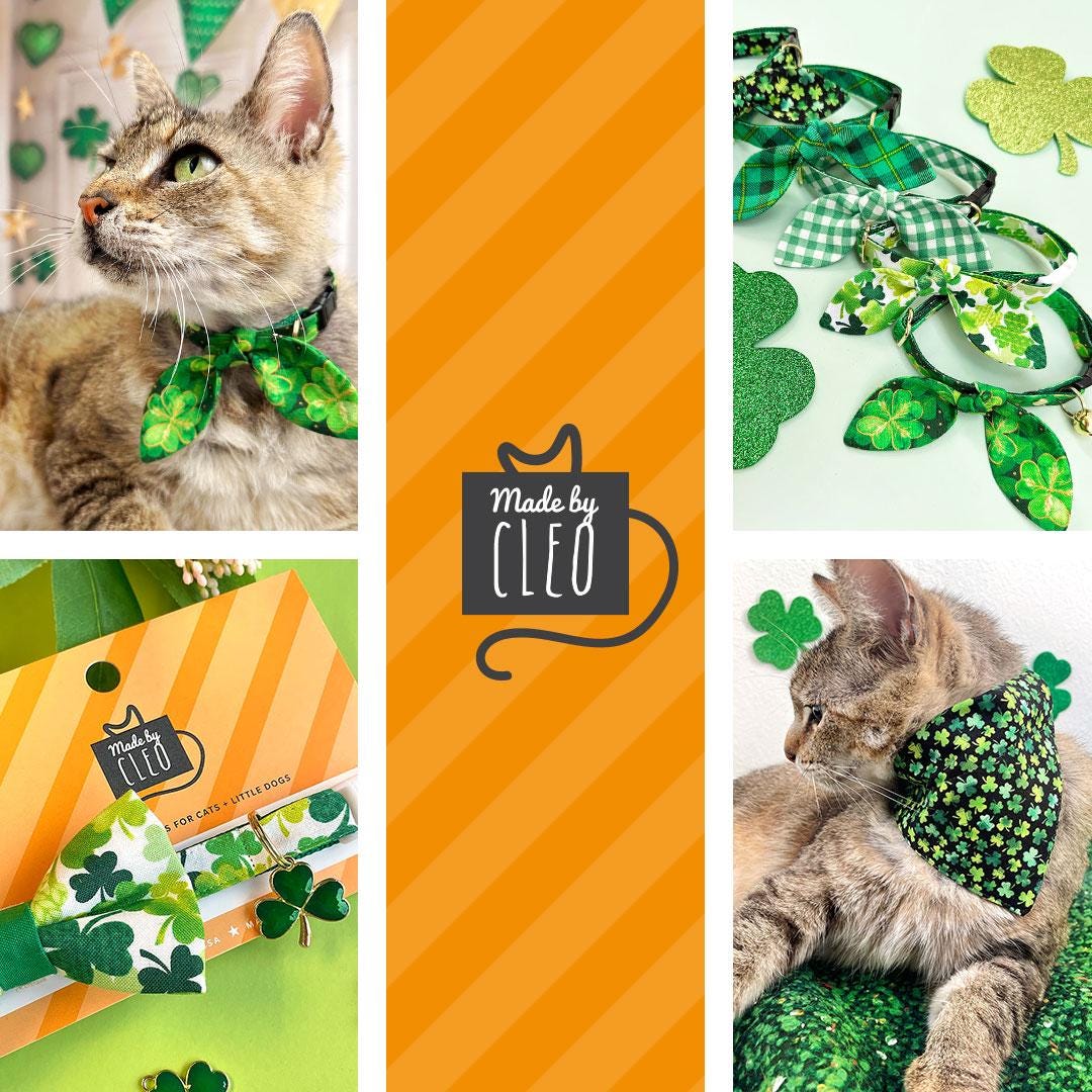 Cat Collar & Bunny Ear Bow Set - "Lucky Charmer" - Black & Green Shamrock Cat Collar w/ Matching Bunny Bow Tie / St. Patrick's Day / Tie-On Scarf / Cat, Kitten + Small Dog Sizes