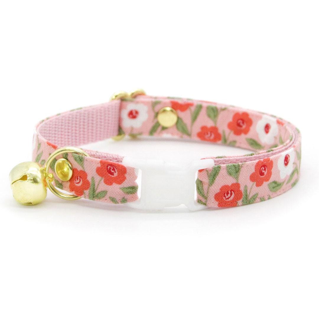 Cat Collar - "Posies" - Pink Floral Cat Collar / Spring, Easter, Valentine's Day / Breakaway Buckle or Non-Breakaway / Cat, Kitten + Small Dog Sizes
