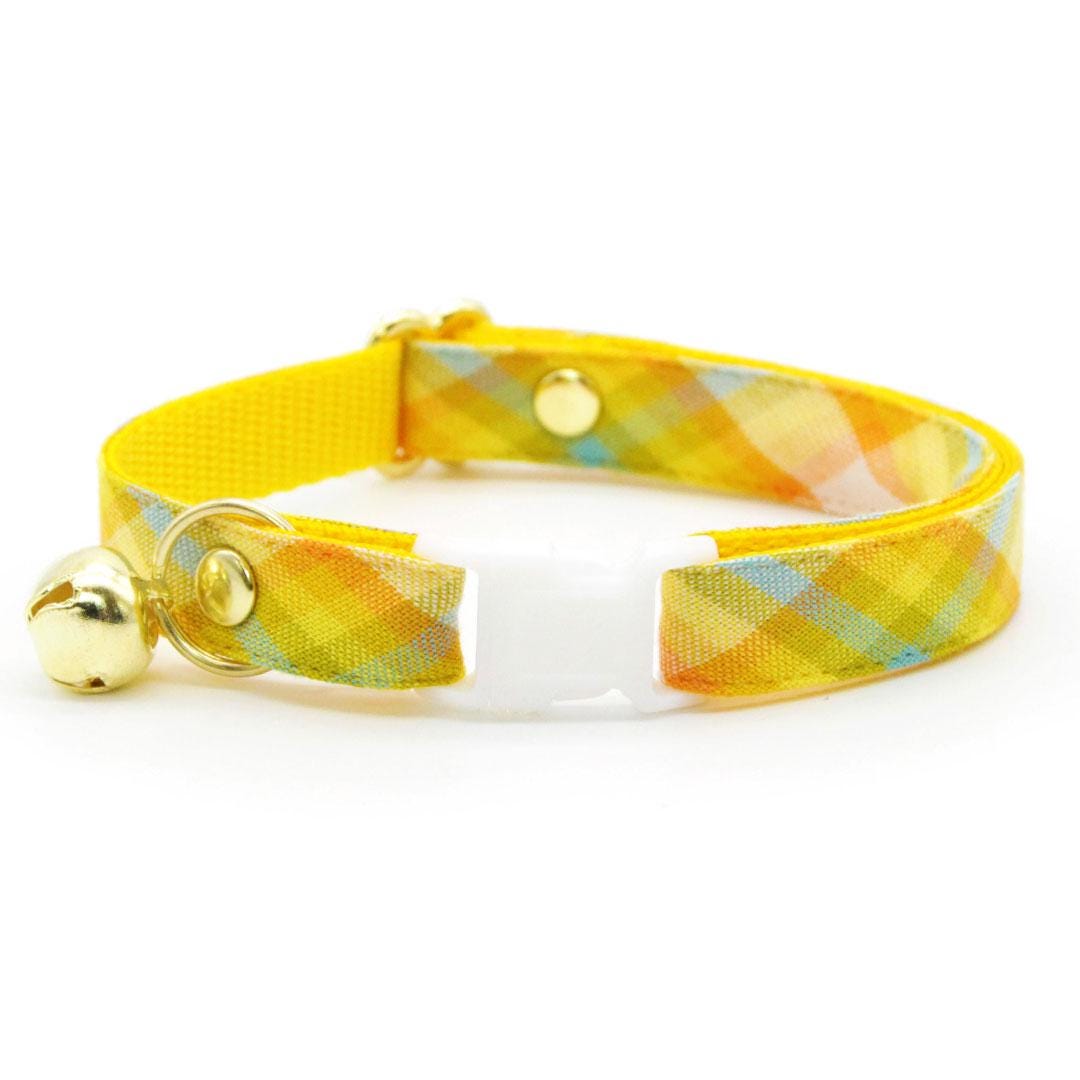 Cat Collar & Bunny Ear Bow Set - "Sunny Day" - Yellow Plaid Cat Collar with Bunny Bow Tie / Spring, Easter, Summer / Breakaway Girl Cat Collar