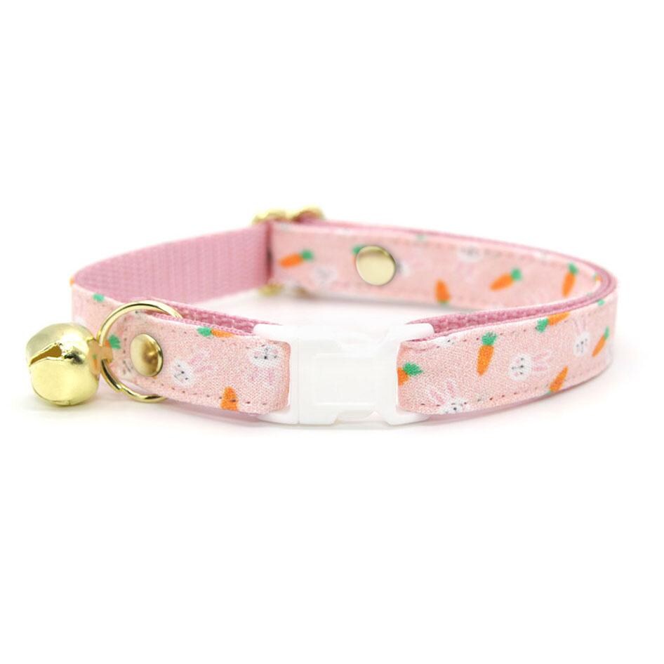 Cat Collar & Bunny Ear Bow Set - "Bunnies & Carrots Pink" -  Easter Bunny Rabbit Cat Collar w/ Matching Bunny Bow Tie / Tie-On Scarf / Cat, Kitten + Small Dog Sizes