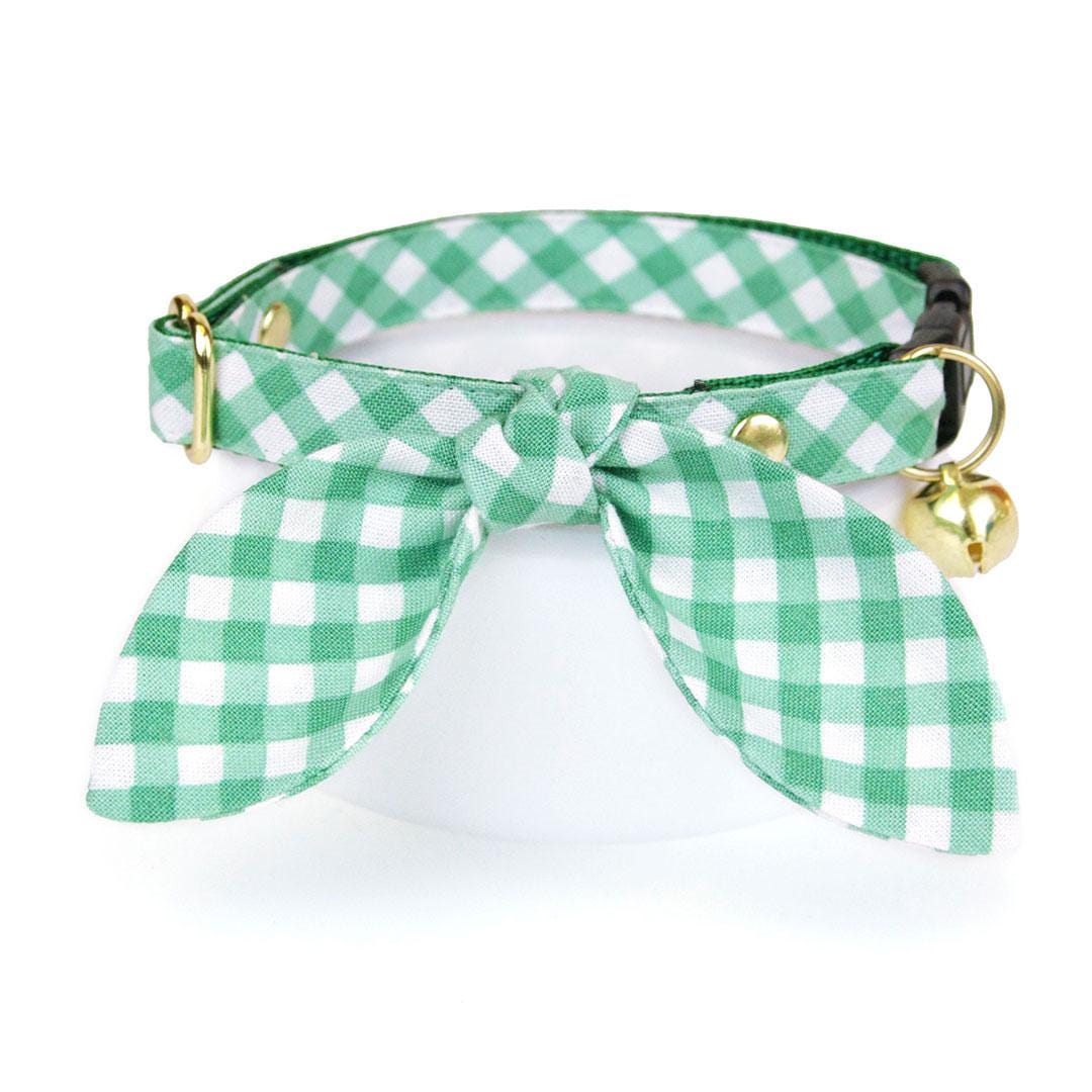 Cat Collar & Bunny Ear Bow Set - "Derby" - Green Plaid Gingham Cat Collar w/ Matching Bunny Bow Tie / St. Patrick's Day, Spring, Easter, Wedding / Tie-On Scarf / Cat, Kitten + Small Dog Sizes
