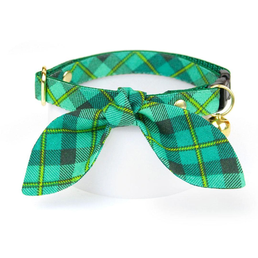 Cat Collar & Bunny Ear Bow Set - "Dublin" - St. Patrick's Day Green Plaid Cat Collar w/ Matching Bunny Bow Tie / Tie-On Scarf / Cat, Kitten + Small Dog Sizes