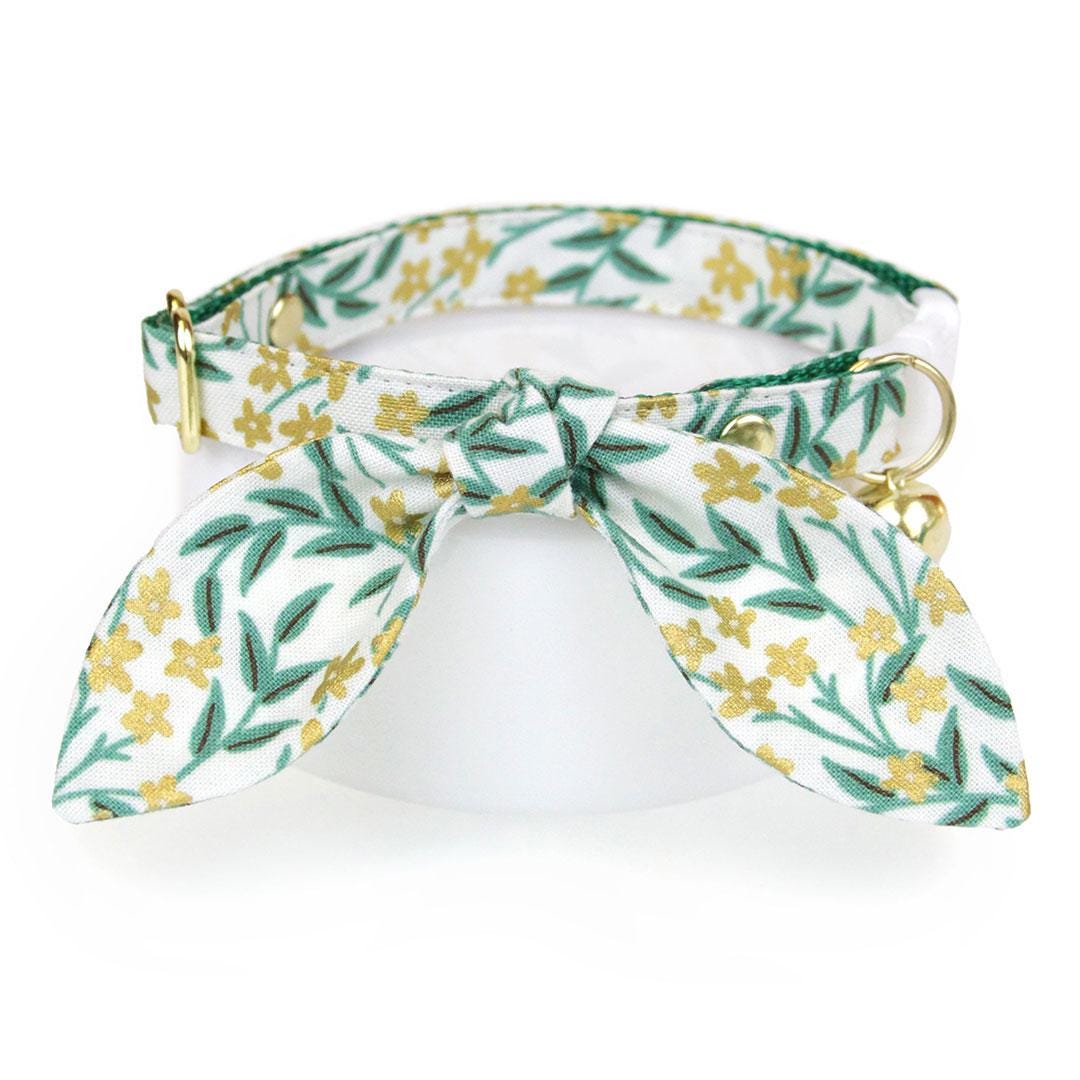 Cat Collar & Bunny Ear Bow Set - "Golden Vine" - Rifle Paper Co® Floral Green Cat Collar w/ Matching Bunny Bow Tie / Tie-On Scarf / Cat, Kitten + Small Dog Sizes