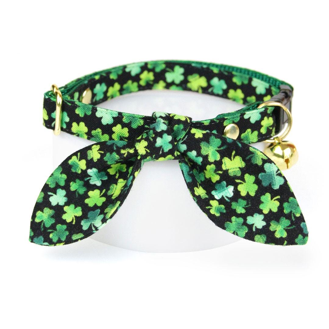 Cat Collar & Bunny Ear Bow Set - "Lucky Charmer" - Black & Green Shamrock Cat Collar w/ Matching Bunny Bow Tie / St. Patrick's Day / Tie-On Scarf / Cat, Kitten + Small Dog Sizes