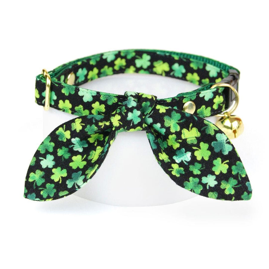Cat Collar & Bunny Ear Bow Set - "Lucky Charmer" - Black & Green Shamrock Cat Collar w/ Matching Bunny Bow Tie / St. Patrick's Day / Tie-On Scarf / Cat, Kitten + Small Dog Sizes