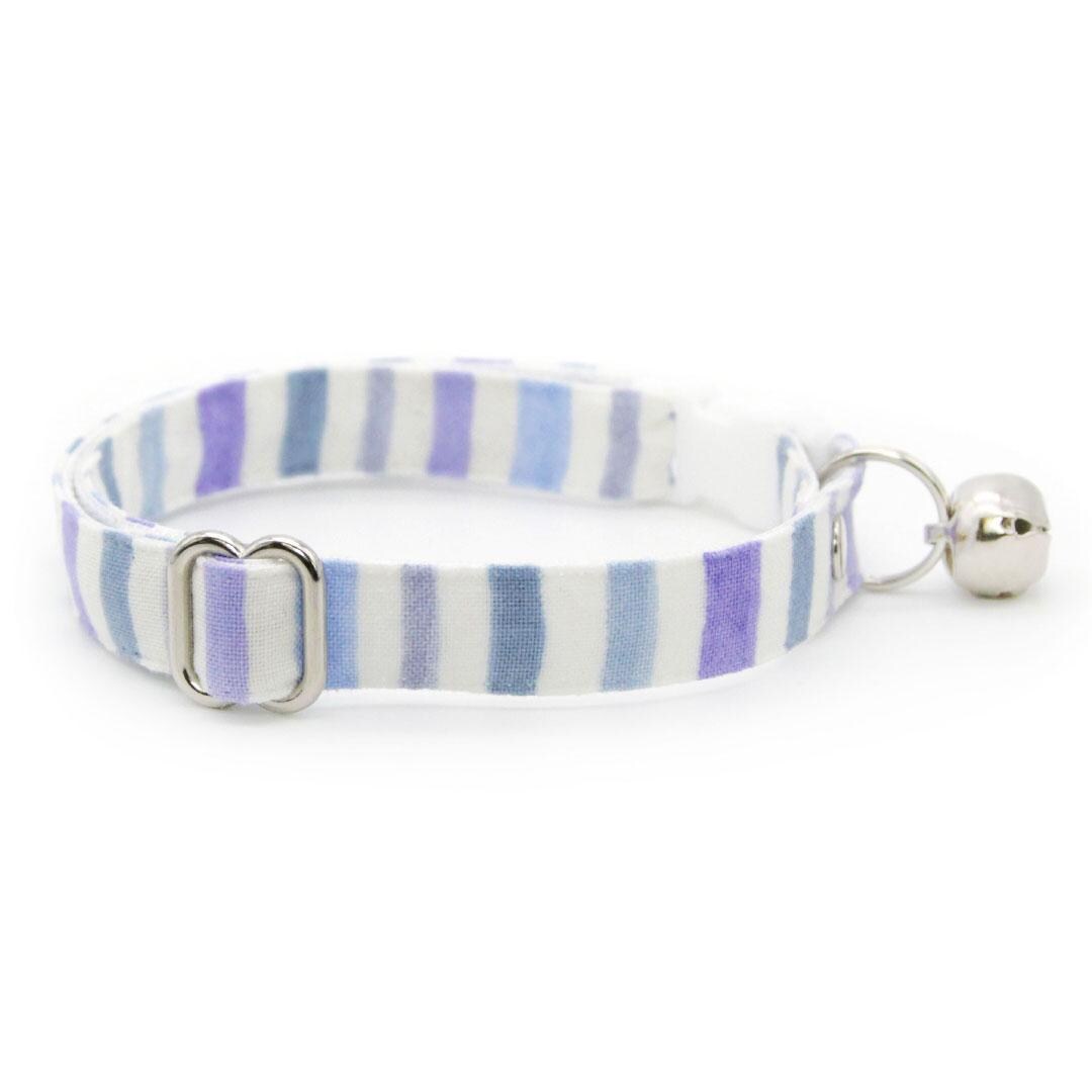 Cat Collar + Flower Set - "Indigo Sky" - Striped Cat Collar w/ Lavender Felt Flower (Detachable) / Cat, Kitten + Small Dog Sizes