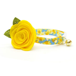 Cat Collar + Flower Set - "Daffodils" - Yellow Floral Cat Collar w/ Buttercup Felt Flower (Detachable) / Cat, Kitten + Small Dog Sizes - Adult Cat (8-13) / Breakaway / Gold
