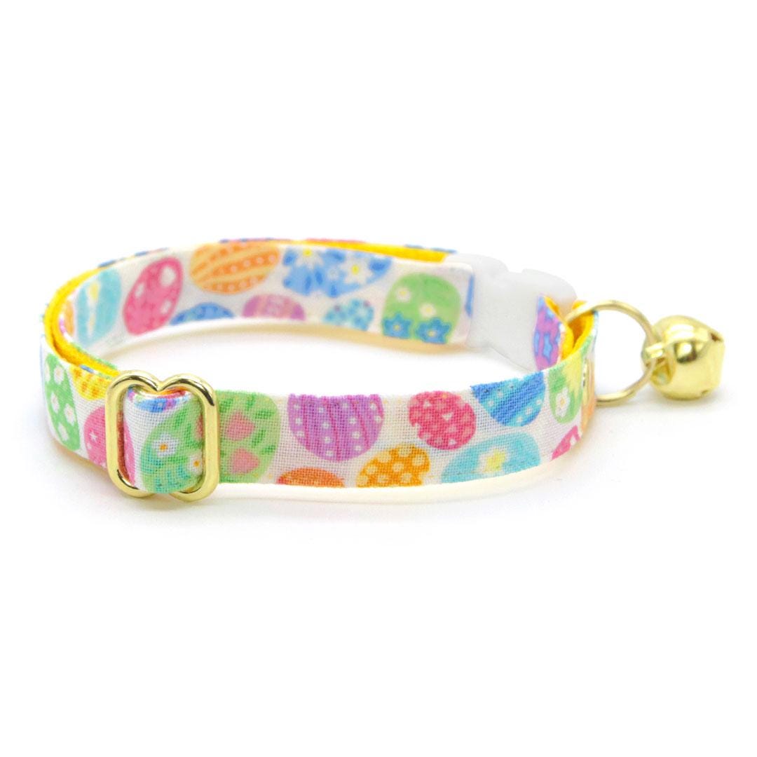 Cat Collar + Flower Set - "Egg Hunt" - Easter Egg Cat Collar w/ Baby Pink Felt Flower (Detachable) / Cat, Kitten + Small Dog Sizes
